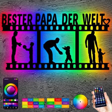 LEON FOLIEN RGB LED BESTER PAPA DER WELT Familie Deko LED Schlummerlicht Nachtlicht personalisiert in 7 FARBE - Family Geschenk