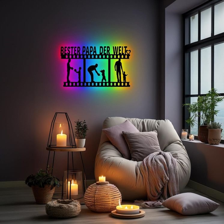 LEON FOLIEN RGB LED BESTER PAPA DER WELT Familie Deko LED Schlummerlicht Nachtlicht personalisiert in 7 FARBE - Family Geschenk