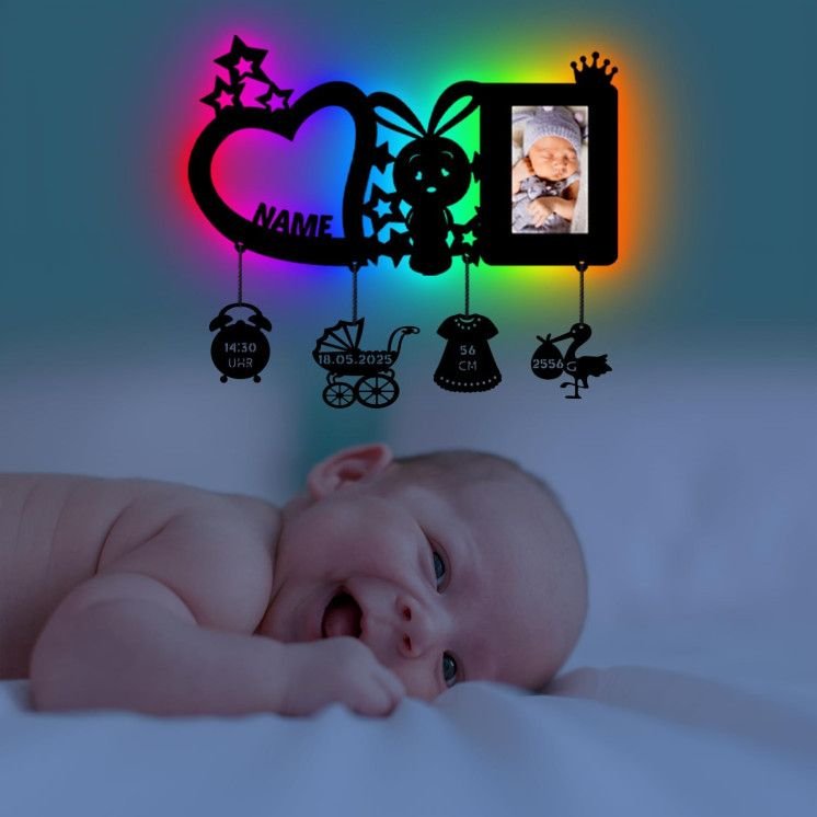 RGB LED Nachtlicht (Herz & Hase) Baby-Geschenke personalisierte Geschenk mit Namen zur Geburt & Taufe Taufandenken für Mädchen &