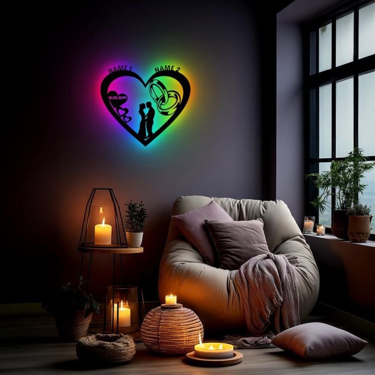 rgb LED Schlummerlicht Eheringe in Herz personalisiert mit Wunschnamen und Datum Deko Nachtlicht Hochzeitsgeschenk Brautpaar -