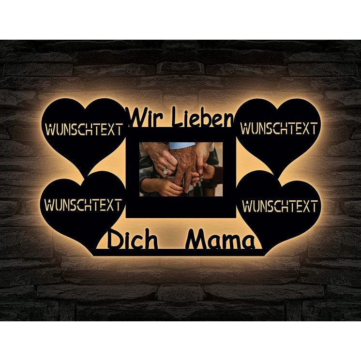 Muttertagsgeschenk Wir lieben dich Mama Led mit Bilderrahmen Nachtlicht, Herz Herzchen personalisiert