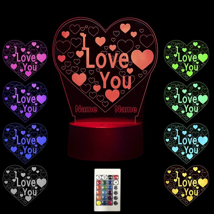 3D Illusion I Love U Lampe personalisiert mit Wunschnamen Tischlampe 16 Farben USB