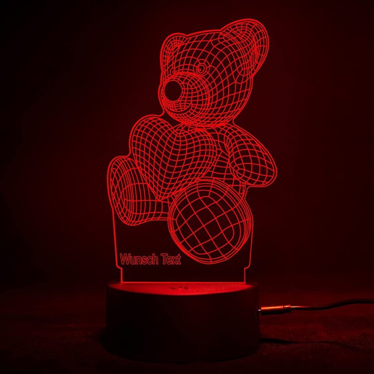 3D Illusion Teddybär Lampe personalisiert mit Wunschtext Herz