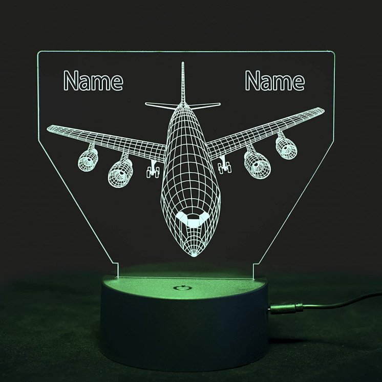 3D Illusion Flugzeug Lampe personalisiert mit Wunschnamen Airplane Nachtlicht Tischlampe 16 Farben USB