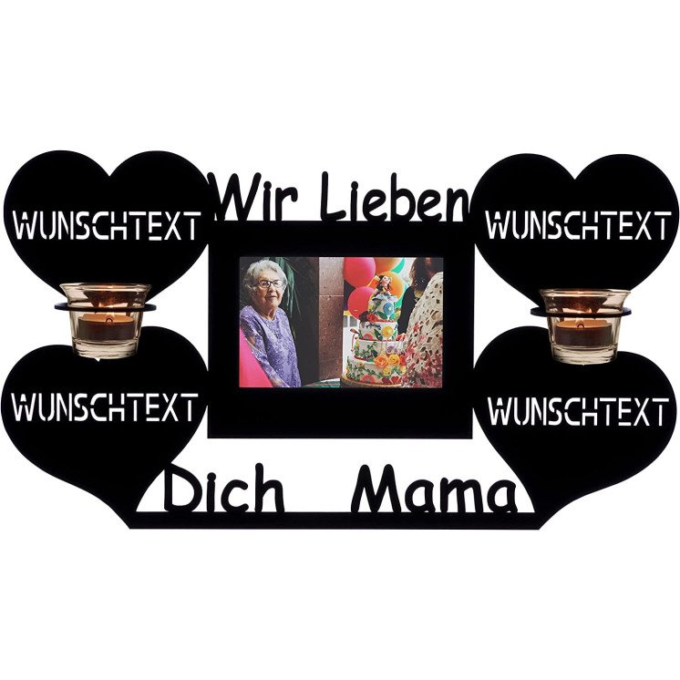 Teelichthalter Muttertaggeschenk Wir lieben Dich Mama mit Bilderrahmen, Herz Herzchen personalisiert mit Wunschtext