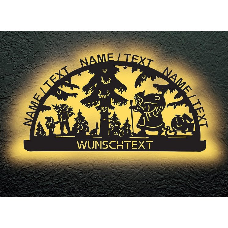 Weihnachten LED Lasergravur aus MDF Holz personalisiert mit Namen Weihnachtsmann und Weihnachtsbaum Schlummerlicht Nachtlicht