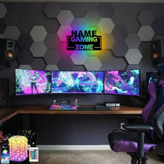 LEON FOLIEN Gaming Zone RGB Gamer Geschenke personalisiert Mit NAME I Zimmer Beleuchtung Wand Lampe in LED - für Videospiel Fans