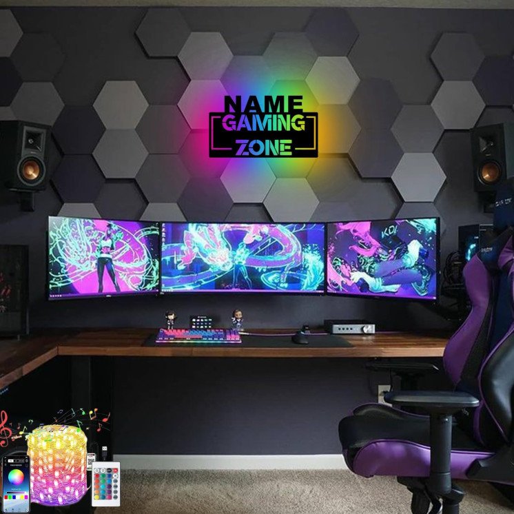 LEON FOLIEN Gaming Zone RGB Gamer Geschenke personalisiert Mit NAME I Zimmer Beleuchtung Wand Lampe in LED - für Videospiel Fans