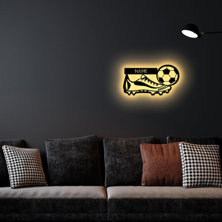 LEON FOLIEN Fußball Nachtlicht Schlummerlicht Geschenk Deko MDF Holz led Wand - Lampe personalisiert mit Namen für Kinder Jungs