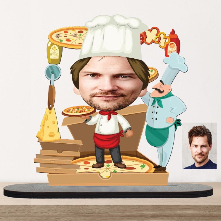 3D Cartoon Karikatur Comic Pizza Pizzeria Personalisiert Foto auf Holz gedruckt