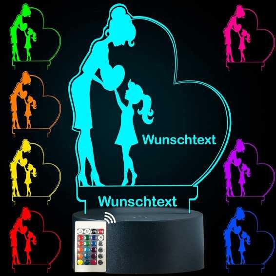 LEON - FOLIEN 3D Illusion Herz für Mama Lampe personalisiert mit Wunschtext Mutter Nachtlicht Tischlampe 16 Farben USB Touch