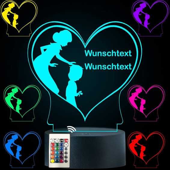 LEON - FOLIEN 3D Illusion die Mutter Lampe personalisiert mit Wunschtext Mother Nachtlicht Tischlampe 16 Farben USB Touch Switch