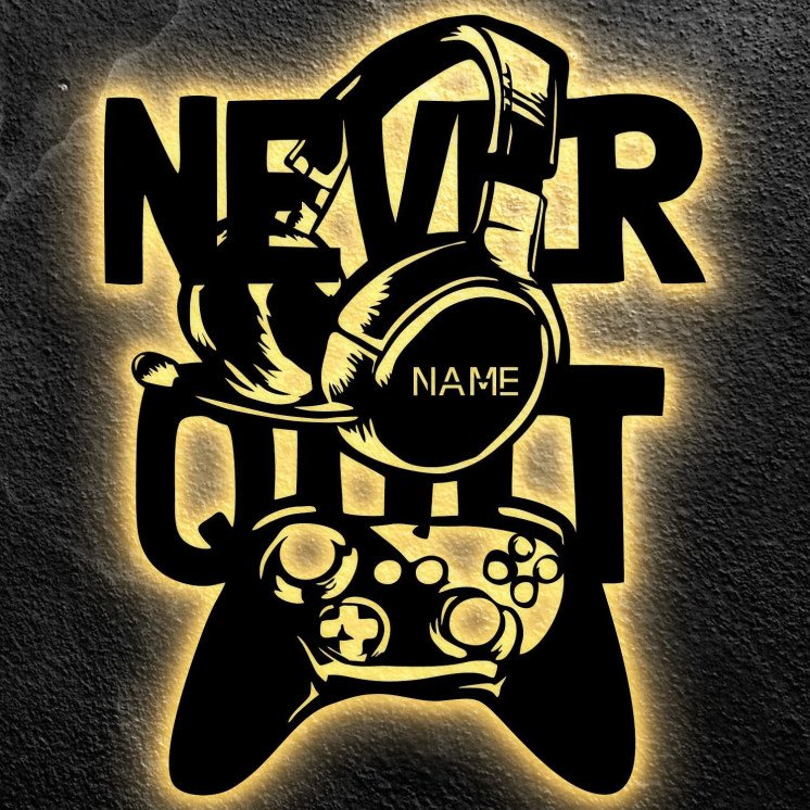 NEVER QUIT Led Gaming Schild - Gamer Geschenkidee personalisiert Mit Name Zimmer Beleuchtung Wand Lampe - Zimmer Deko -