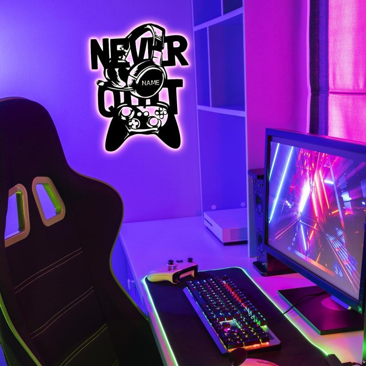 NEVER QUIT Led Gaming Schild - Gamer Geschenkidee personalisiert Mit Name Zimmer Beleuchtung Wand Lampe - Zimmer Deko -