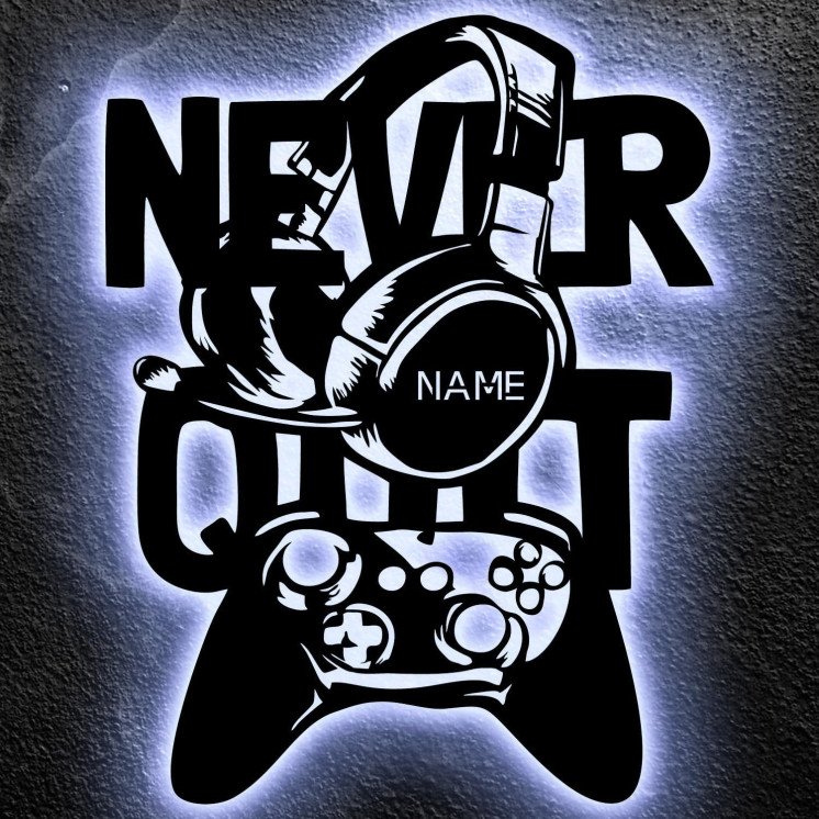 NEVER QUIT Led Gaming Schild - Gamer Geschenkidee personalisiert Mit Name Zimmer Beleuchtung Wand Lampe - Zimmer Deko -