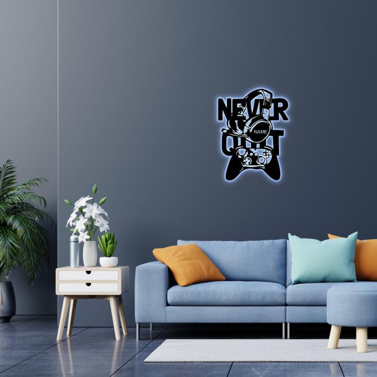 NEVER QUIT Led Gaming Schild - Gamer Geschenkidee personalisiert Mit Name Zimmer Beleuchtung Wand Lampe - Zimmer Deko -