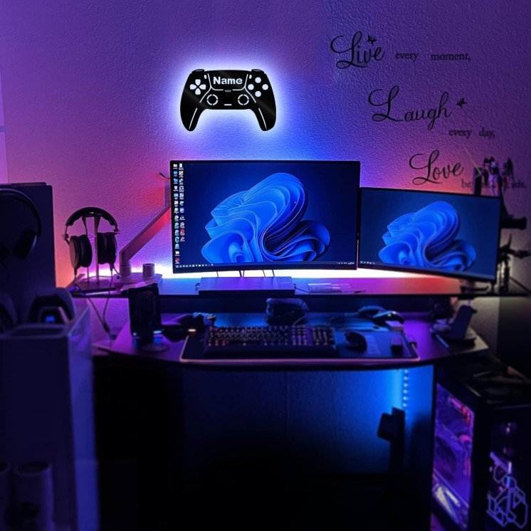 LEON FOLIEN Led Gaming Controller Lampe - Gaming Zimmer Deko - Wandlampe Mit Name - Personalisierte Wanddeko - Besondere