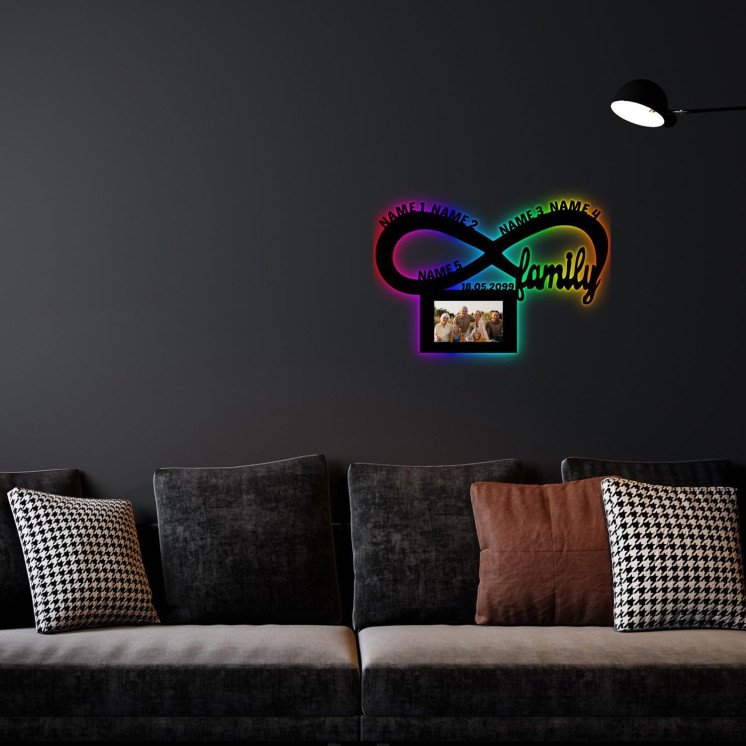 LEON - FOLIEN Family Mit Namen RGB Bilderrahmen Schlummerlicht Farbwechsel mit 16 LED Farben USB App Bedienung personalisiert