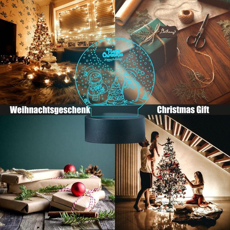 LEON - FOLIEN Weihnachten 3D Illusion Schneemann & -Frau Lampe Nachtlicht Tischlampe 16 Farben USB Touch Switch Led Licht