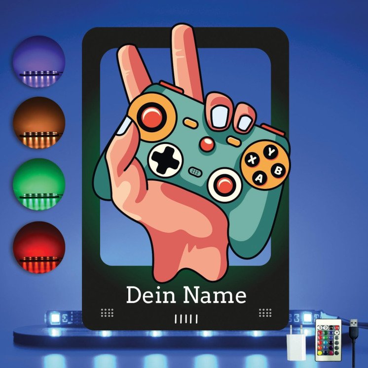 Gaming Led 3D Cartoon in RGB Beleuchtung - Personalisiert NAME auf Holz gedruckt Tischdeko - Gamer Geschenke - Besondere