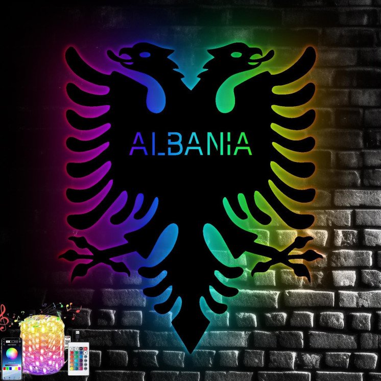 RGB LED Albania - Albanische Doppeladler - Lasergravur Shqipërisë Wunschtext Schlummerlicht für Schlafzimmer Wohnzimmer - in 7