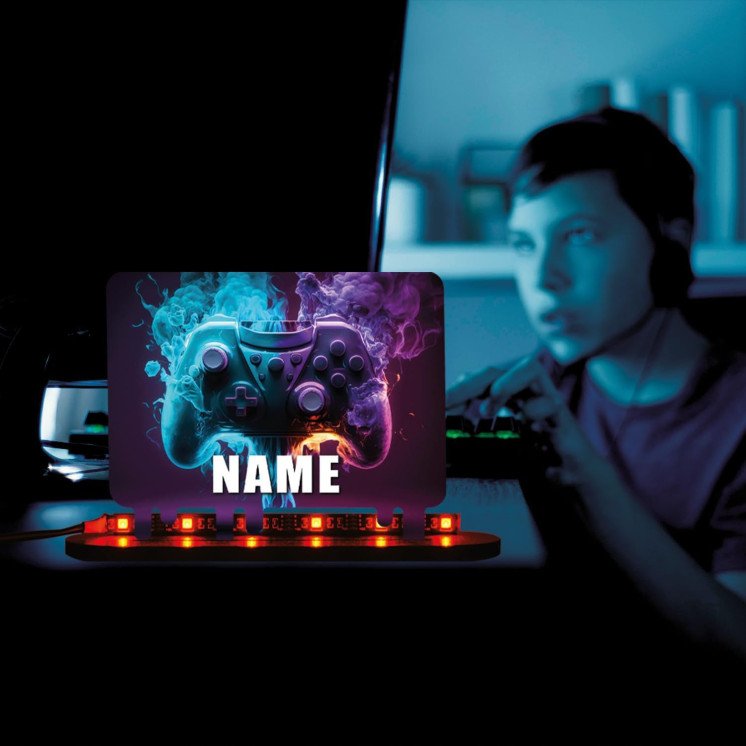 Controller Gamer Gaming (optional) Led RGB Beleuchtung - Personalisiert NAME auf Holz gedruckt Tischdeko - Geschenke - Besondere