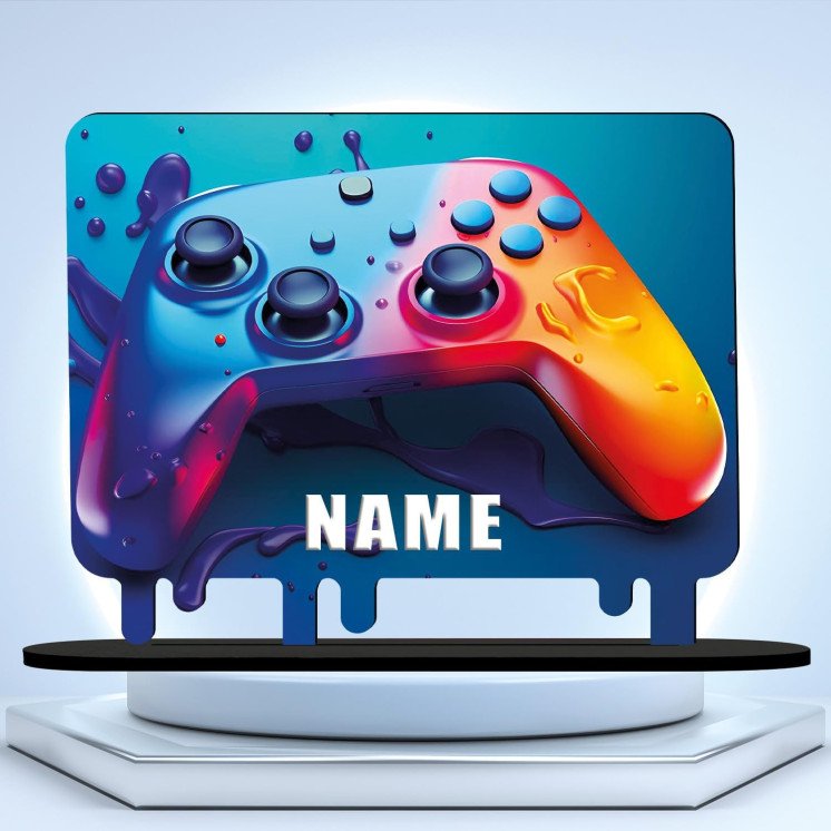 3D Style, Controller Gamer Gaming (optional) Led RGB Beleuchtung - Personalisiert NAME auf Holz gedruckt Tischdeko - Geschenke -