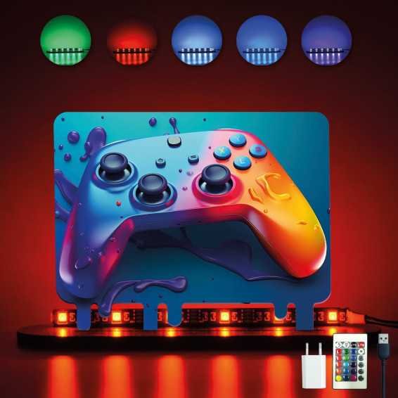 3D Style, Controller Gamer Gaming (optional) Led RGB Beleuchtung - Personalisiert NAME auf Holz gedruckt Tischdeko - Geschenke -