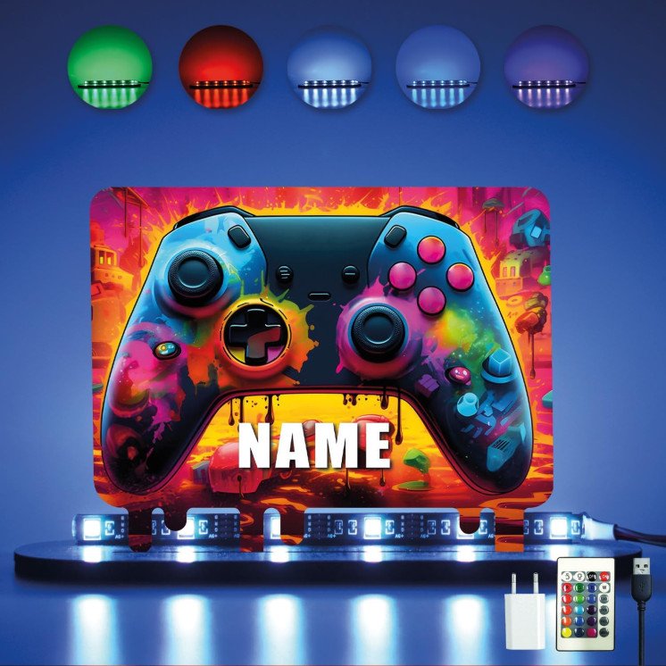 3D Controller Gamer Gaming (optional) Led RGB Beleuchtung - Personalisiert NAME auf Holz gedruckt Tischdeko - Geschenke -