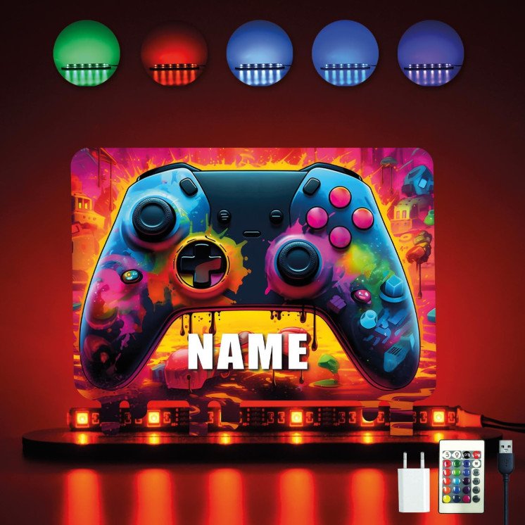 3D Controller Gamer Gaming (optional) Led RGB Beleuchtung - Personalisiert NAME auf Holz gedruckt Tischdeko - Geschenke -