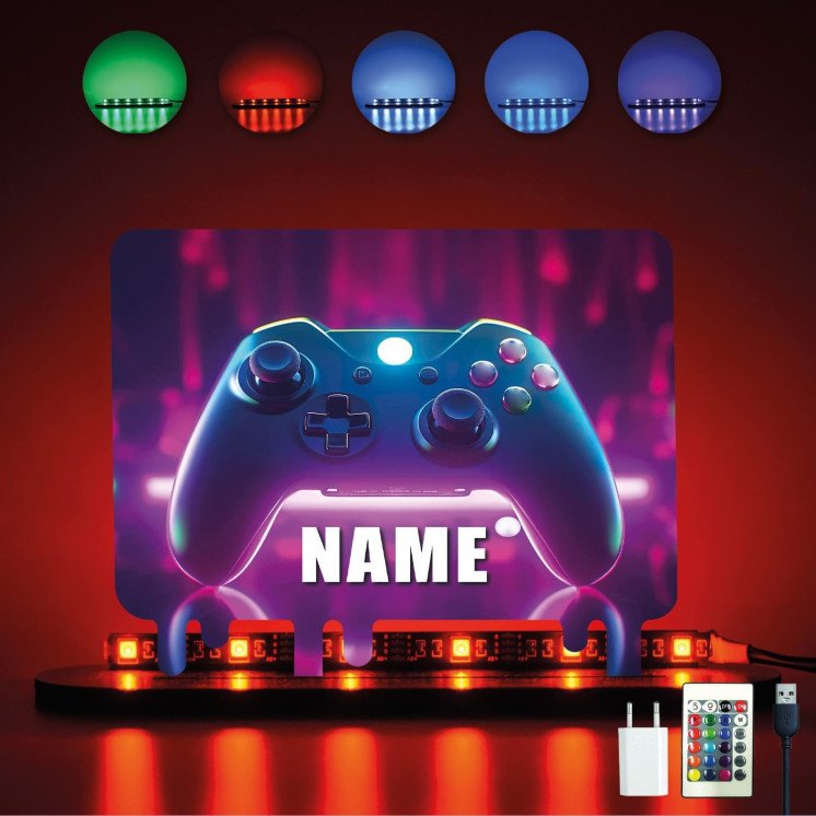 3D GAMER Personalisiert NAME auf Holz gedruckt Tischdeko - Controller Gamer Gaming (optional) Led RGB Beleuchtung - Geschenke -