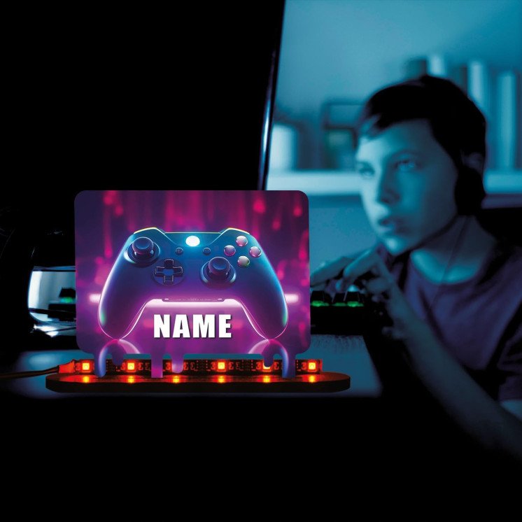 3D GAMER Personalisiert NAME auf Holz gedruckt Tischdeko - Controller Gamer Gaming (optional) Led RGB Beleuchtung - Geschenke -