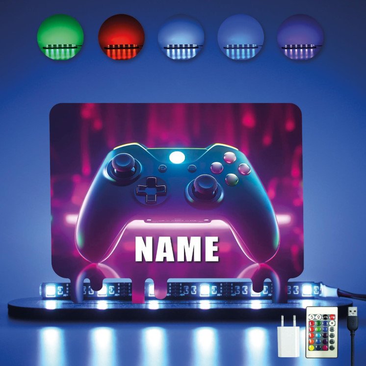 3D GAMER Personalisiert NAME auf Holz gedruckt Tischdeko - Controller Gamer Gaming (optional) Led RGB Beleuchtung - Geschenke -