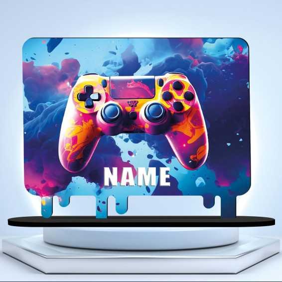 3D GAMER Controller Gaming (optional) Led RGB Beleuchtung - Personalisiert NAME auf Holz gedruckt Tischdeko - Geschenke -