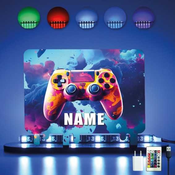 3D GAMER Controller Gaming (optional) Led RGB Beleuchtung - Personalisiert NAME auf Holz gedruckt Tischdeko - Geschenke -