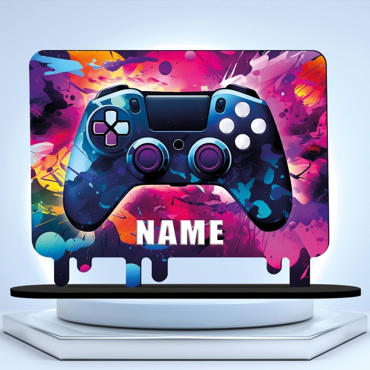 3D Controller Gamer Gaming (optional) Led RGB Beleuchtung - Personalisiert NAME auf Holz gedruckt Tischdeko - Geschenke -