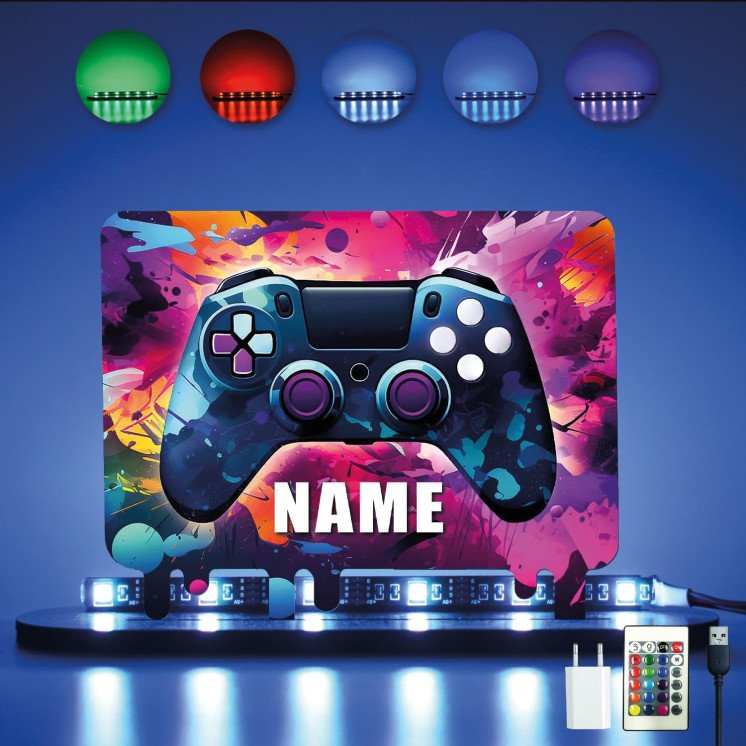 3D Controller Gamer Gaming (optional) Led RGB Beleuchtung - Personalisiert NAME auf Holz gedruckt Tischdeko - Geschenke -