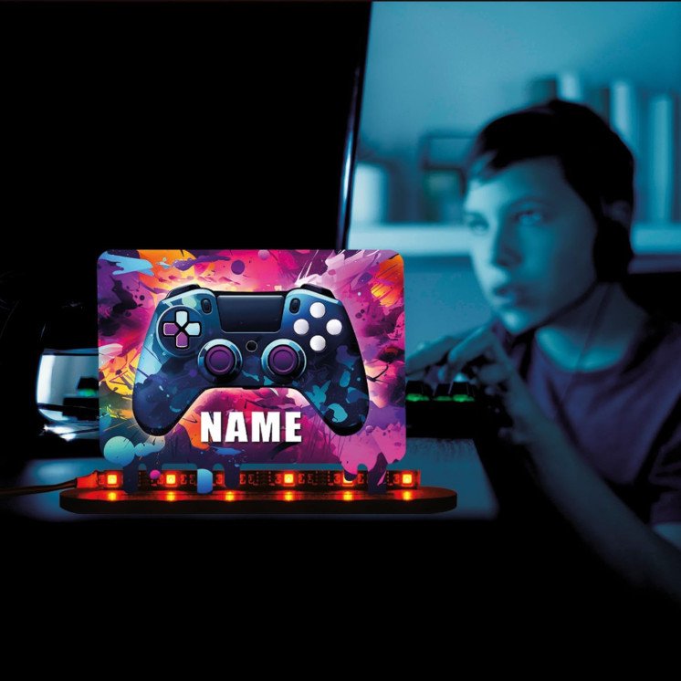 3D Controller Gamer Gaming (optional) Led RGB Beleuchtung - Personalisiert NAME auf Holz gedruckt Tischdeko - Geschenke -