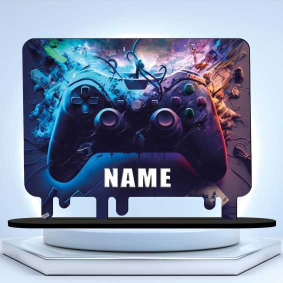 3D Style Controller Gamer Gaming (optional) Led RGB Beleuchtung - Personalisiert NAME auf Holz gedruckt Tischdeko - Geschenke -