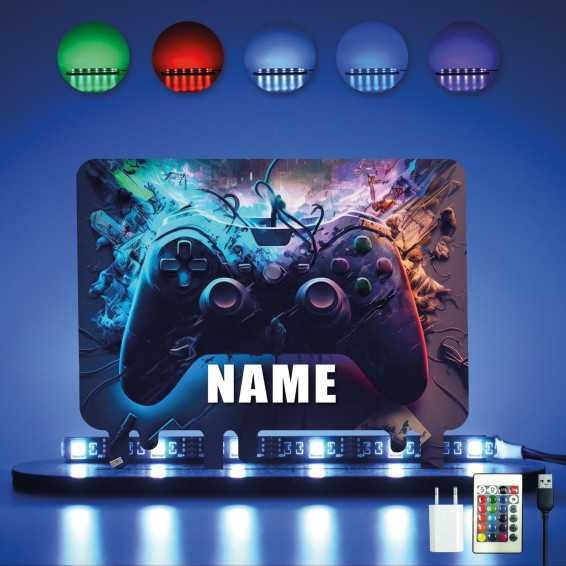 3D Style Controller Gamer Gaming (optional) Led RGB Beleuchtung - Personalisiert NAME auf Holz gedruckt Tischdeko - Geschenke -