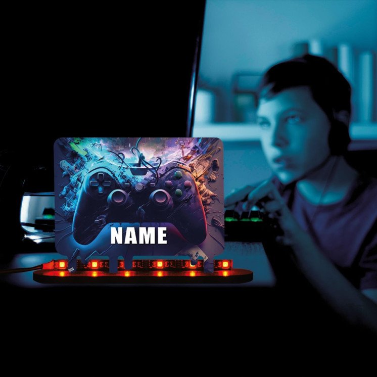 3D Style Controller Gamer Gaming (optional) Led RGB Beleuchtung - Personalisiert NAME auf Holz gedruckt Tischdeko - Geschenke -