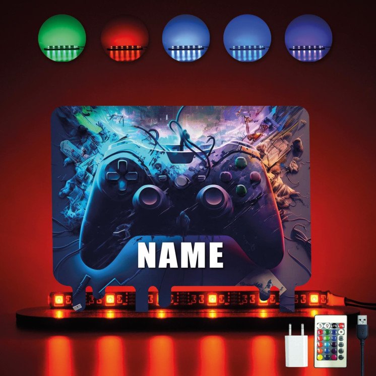 3D Style Controller Gamer Gaming (optional) Led RGB Beleuchtung - Personalisiert NAME auf Holz gedruckt Tischdeko - Geschenke -