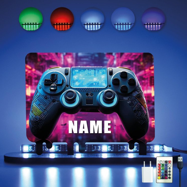 3D Tischdeko GAME Controller Gamer Gaming (optional) Led RGB Beleuchtung - Personalisiert NAME auf Holz gedruckt Tischdeko -