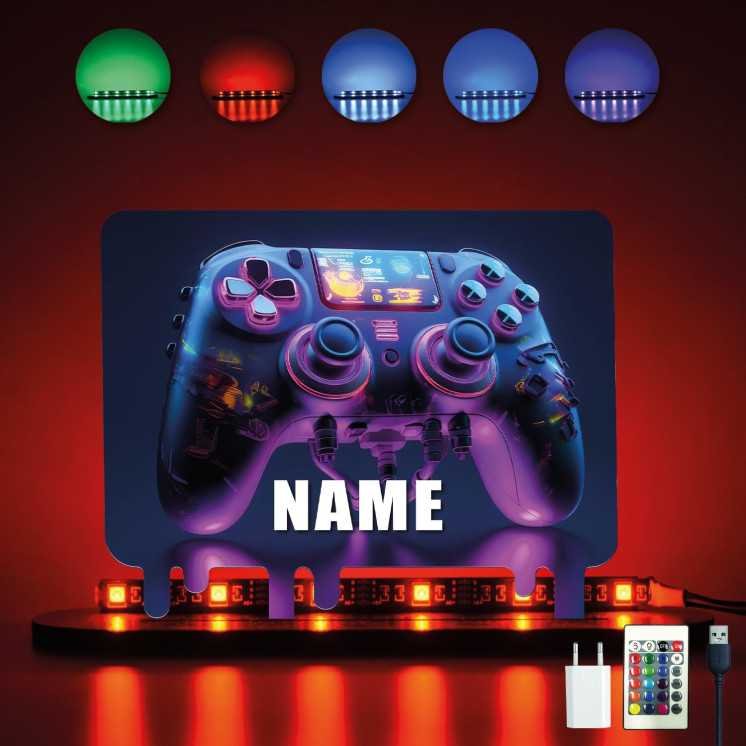 3D Style Controller Gamer Gaming (optional) Led RGB Beleuchtung - Personalisiert NAME auf Holz gedruckt Tischdeko - Geschenke -