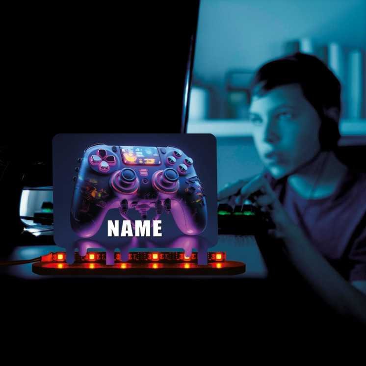 3D Style Controller Gamer Gaming (optional) Led RGB Beleuchtung - Personalisiert NAME auf Holz gedruckt Tischdeko - Geschenke -