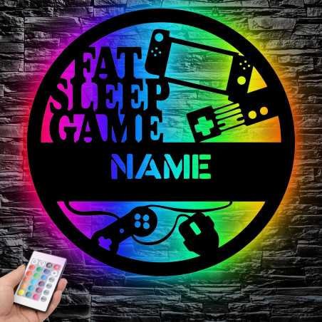 FAT SLEEP GAME - RGB Led Gaming Schild - Gamer Geschenkidee personalisiert Mit Name - Wand Lampe - Zimmer Deko - Besondere