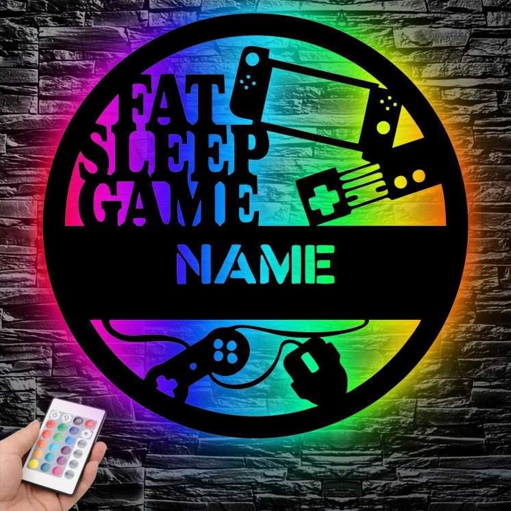 FAT SLEEP GAME - RGB Led Gaming Schild - Gamer Geschenkidee personalisiert Mit Name - Wand Lampe - Zimmer Deko - Besondere