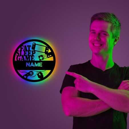 FAT SLEEP GAME - RGB Led Gaming Schild - Gamer Geschenkidee personalisiert Mit Name - Wand Lampe - Zimmer Deko - Besondere