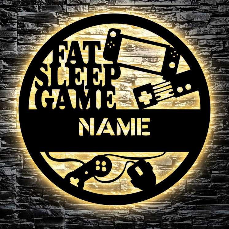 FAT SLEEP GAME - RGB Led Gaming Schild - Gamer Geschenkidee personalisiert Mit Name - Wand Lampe - Zimmer Deko - Besondere