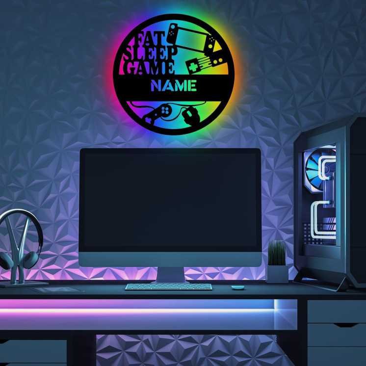 FAT SLEEP GAME - RGB Led Gaming Schild - Gamer Geschenkidee personalisiert Mit Name - Wand Lampe - Zimmer Deko - Besondere